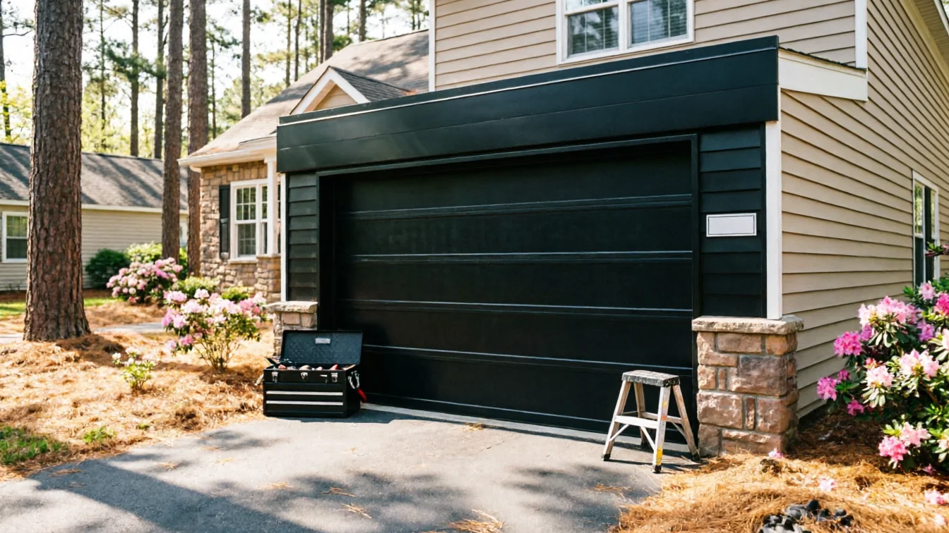 A black garage door is on a beige house with a toolbox and a step stool.