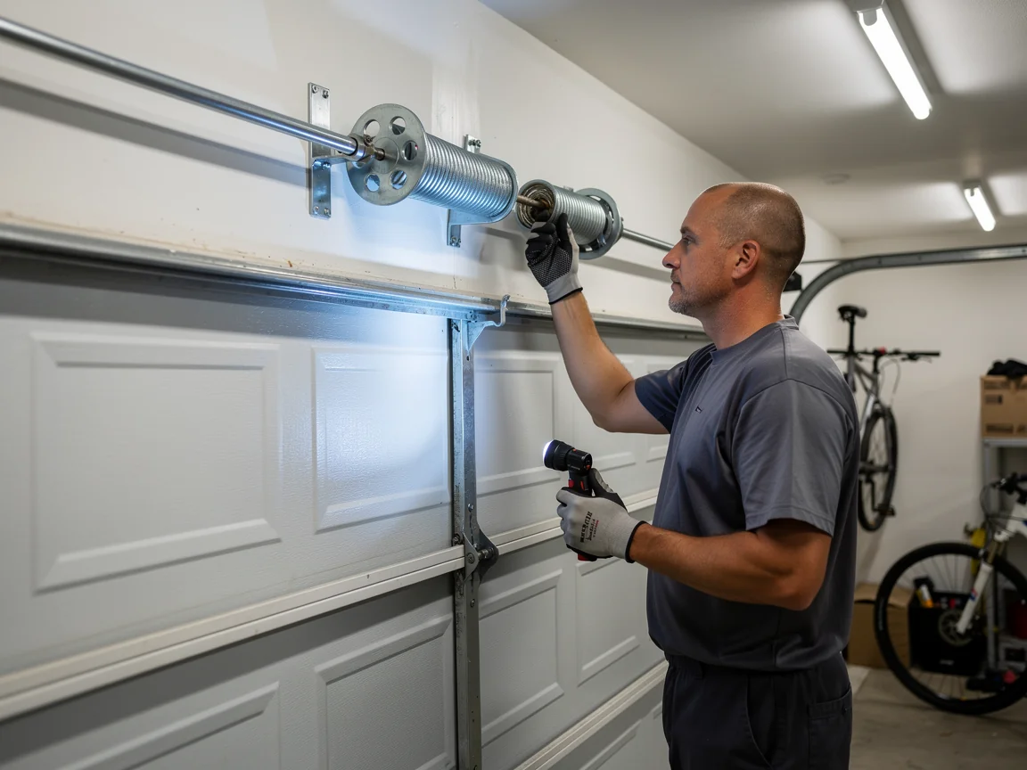 A technician inspects a garage door torsion spring with a flashlight.