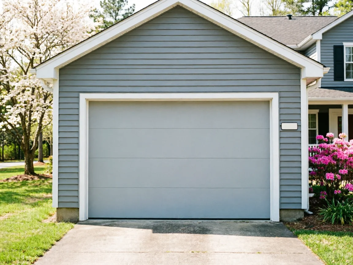 A light gray garage door on a gray house with pink flowers and a white tree.