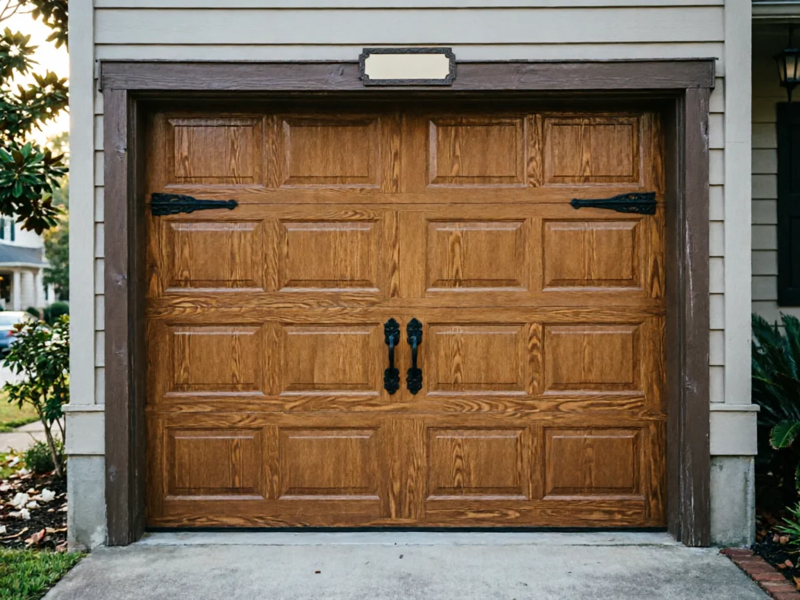 A brown wooden garage door with decorative black hardware is on a house.
